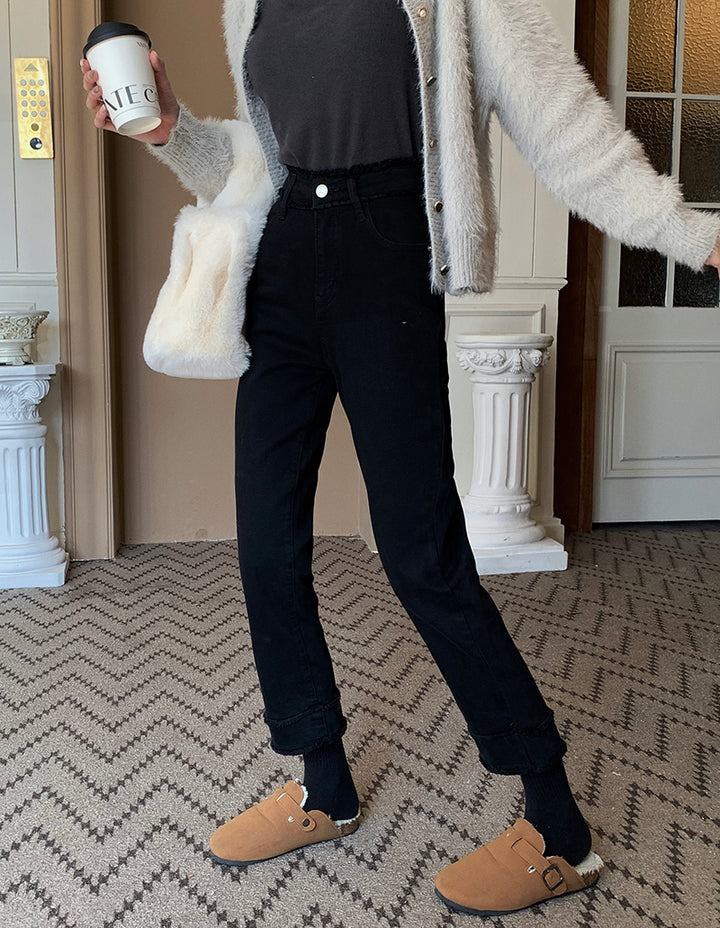 High-Waisted Rolled-Cuff Denim Pants