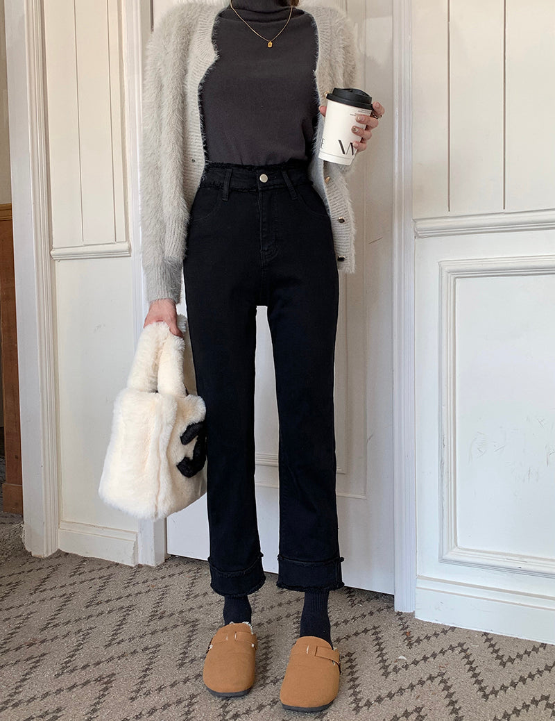 High-Waisted Rolled-Cuff Denim Pants