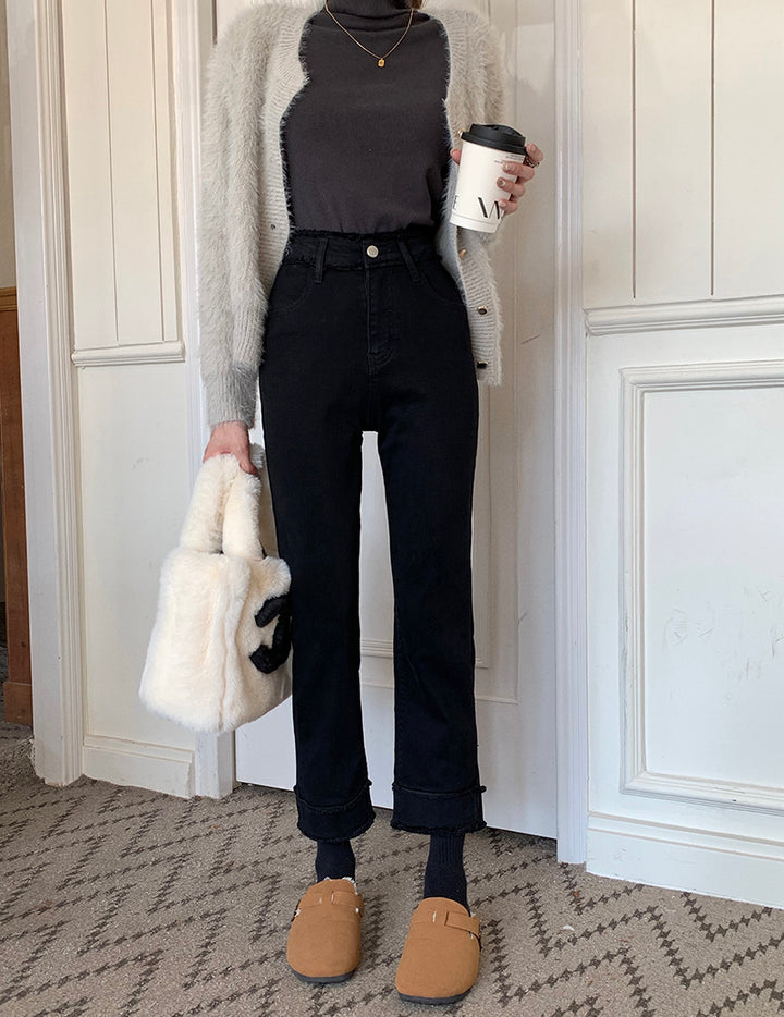 High-Waisted Rolled-Cuff Denim Pants