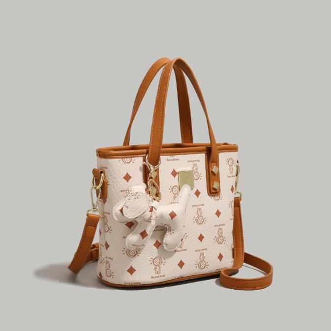 Bear Charm Patterned Bucket Bag