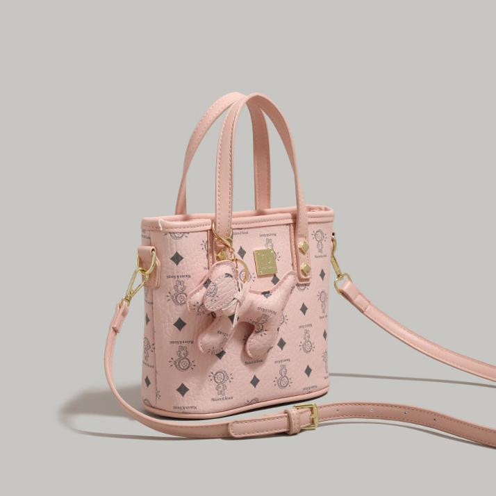 Bear Charm Patterned Bucket Bag