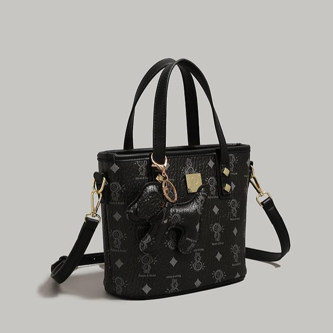Bear Charm Patterned Bucket Bag