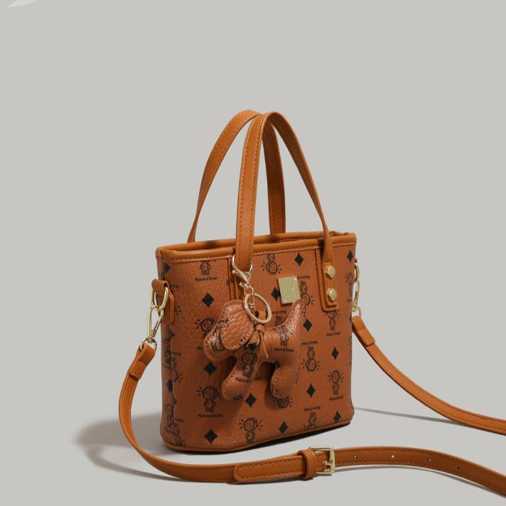 Bear Charm Patterned Bucket Bag