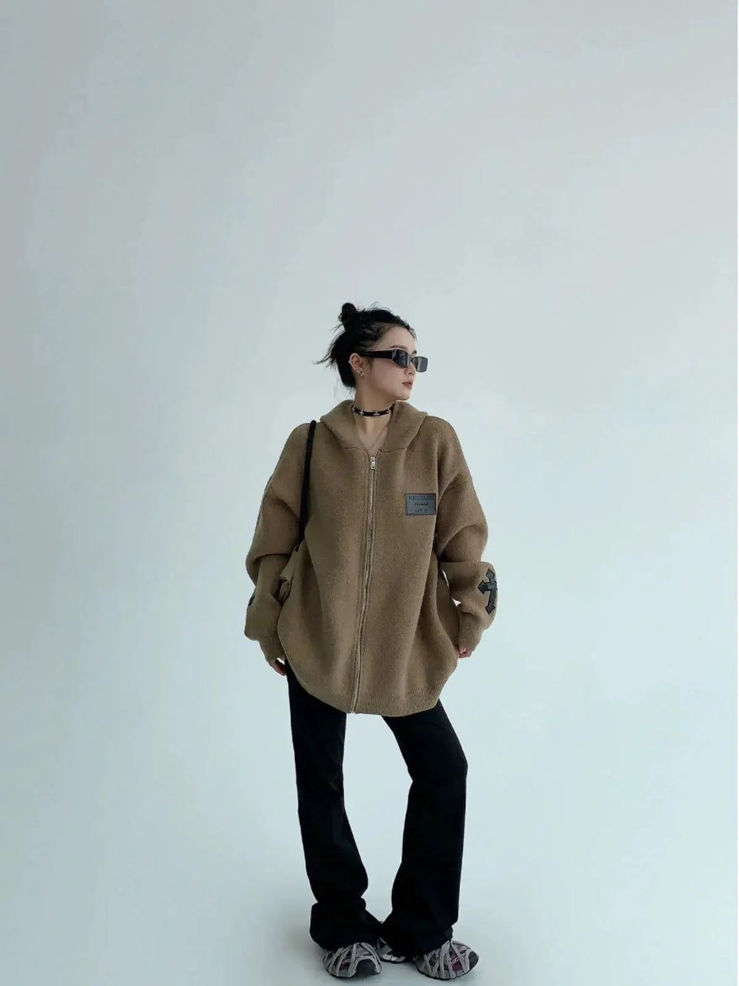 Arm Patch Oversized Zip-Up Sweatshirt