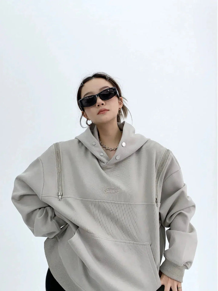 Front Pocket Zipper Shoulder Hoodie