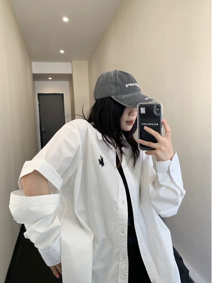 Oversized Cut-Out Sleeve Embroidered Shirt
