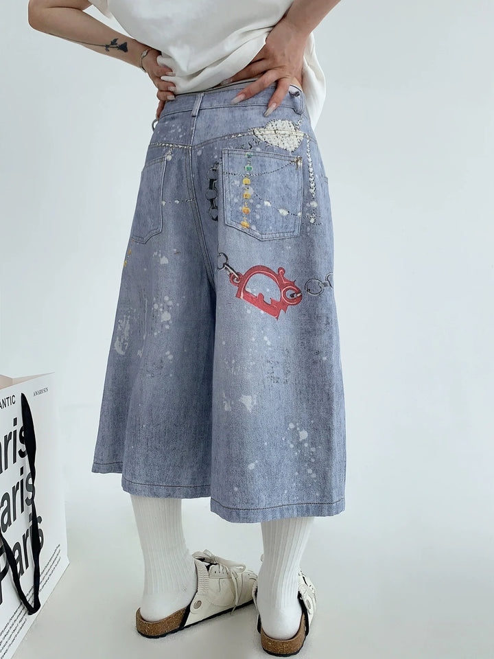 Graffiti Print Denim Cropped Pants