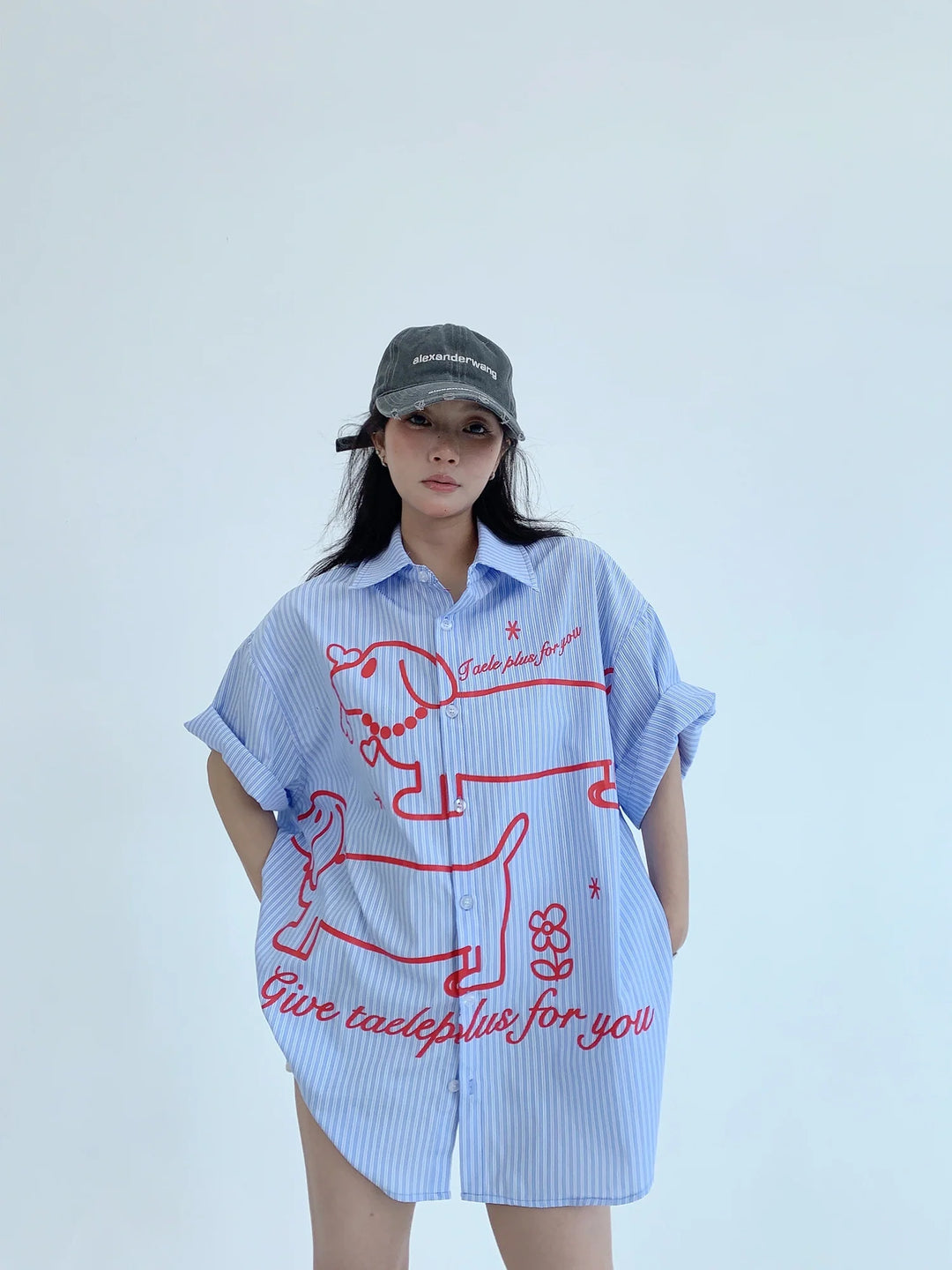 Cartoon Dog Striped Short Sleeve Shirt