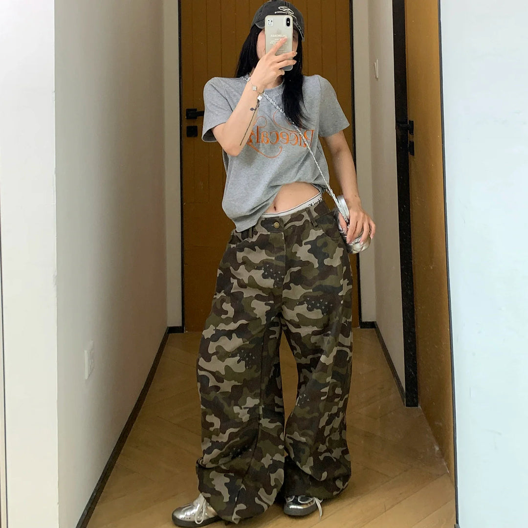 Distressed Camouflage Straight Wide-Leg Pants