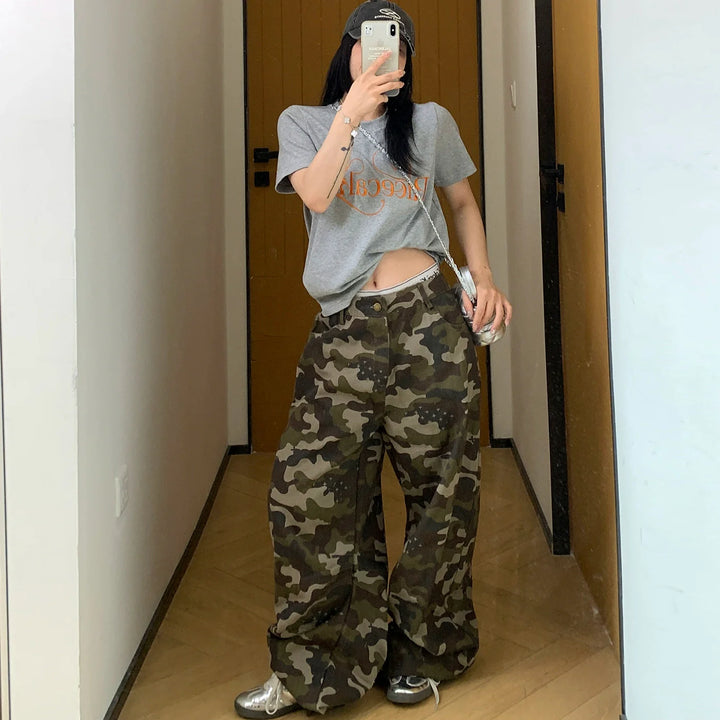 Distressed Camouflage Straight Wide-Leg Pants