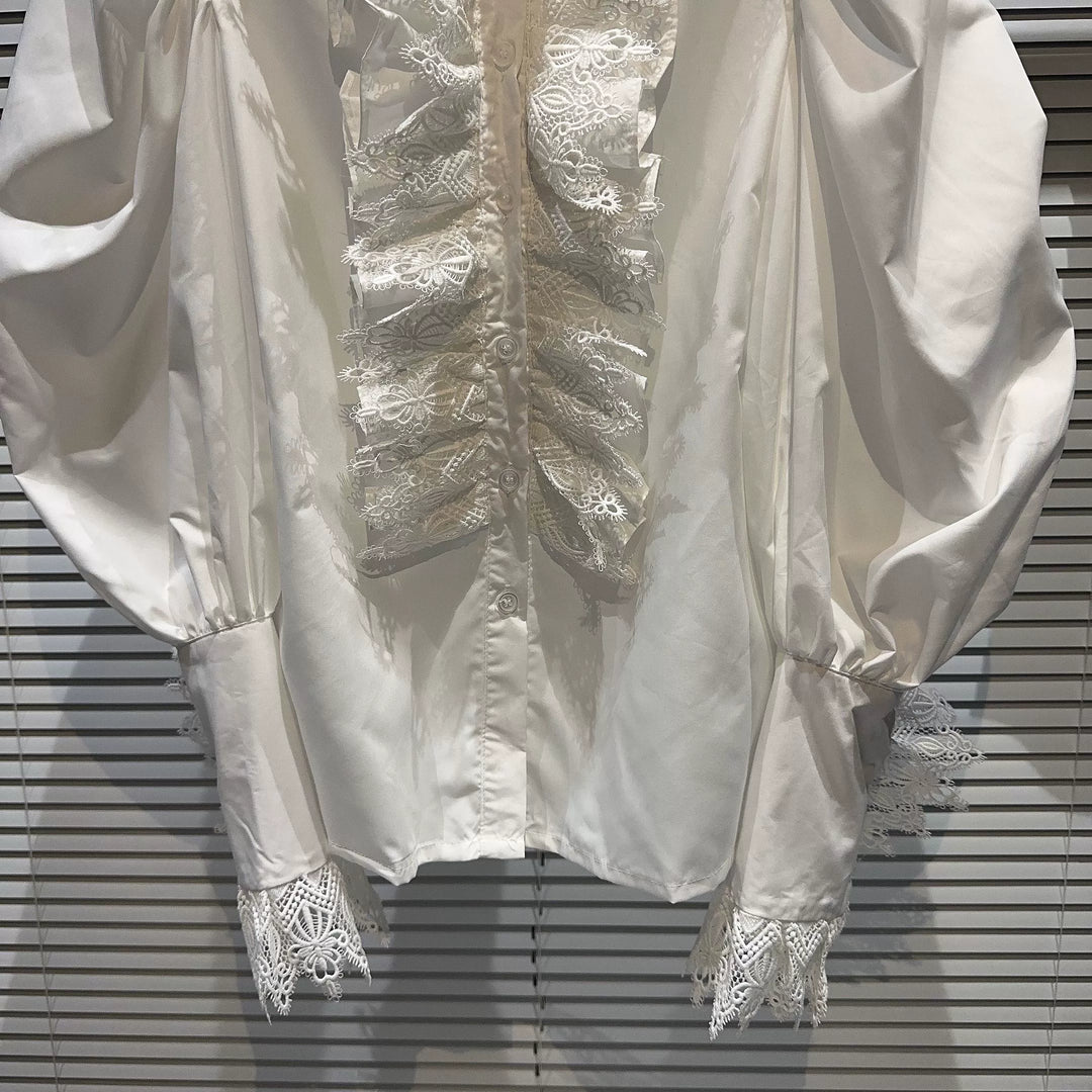 Puff Sleeves Lace Trim Ruffled Shirt