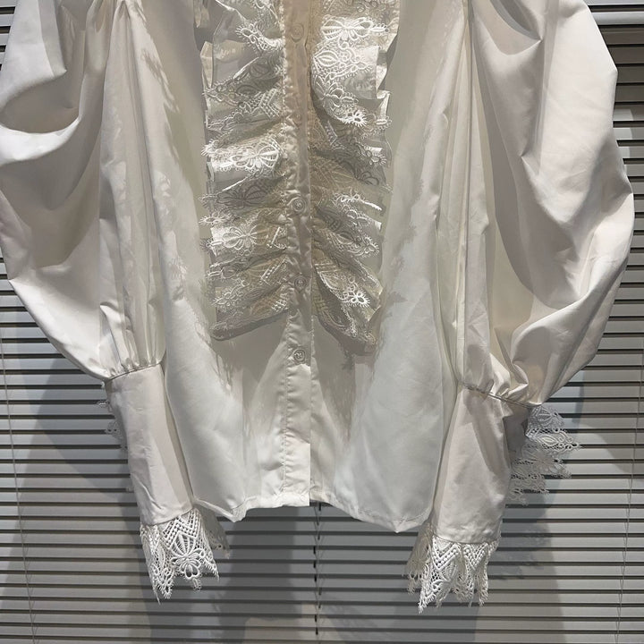Puff Sleeves Lace Trim Ruffled Shirt