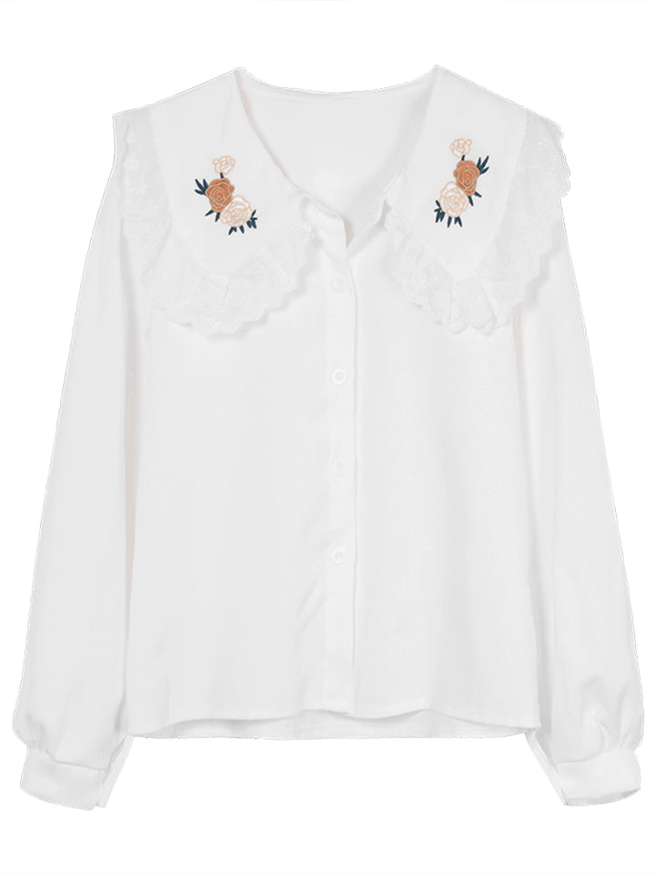Lace Collar Floral Embroidered Shirt