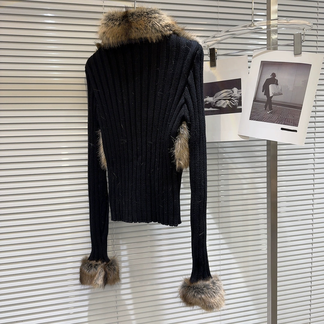 Ribbed Knit Faux Fur Trim Wool Sweater