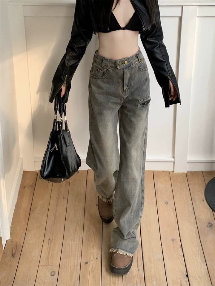 Wide-Leg Distressed Cargo Denim Pants