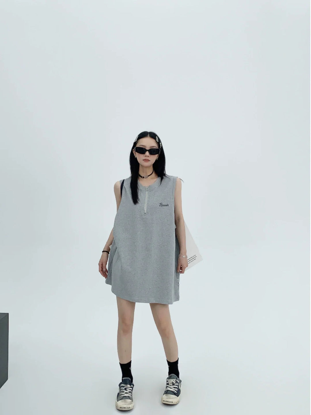 Zipper Embroidered Oversized Tank Top