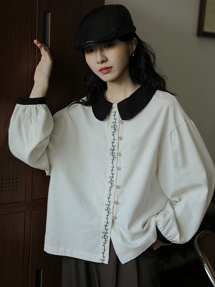 Contrast Collar Embroidered Button Shirt