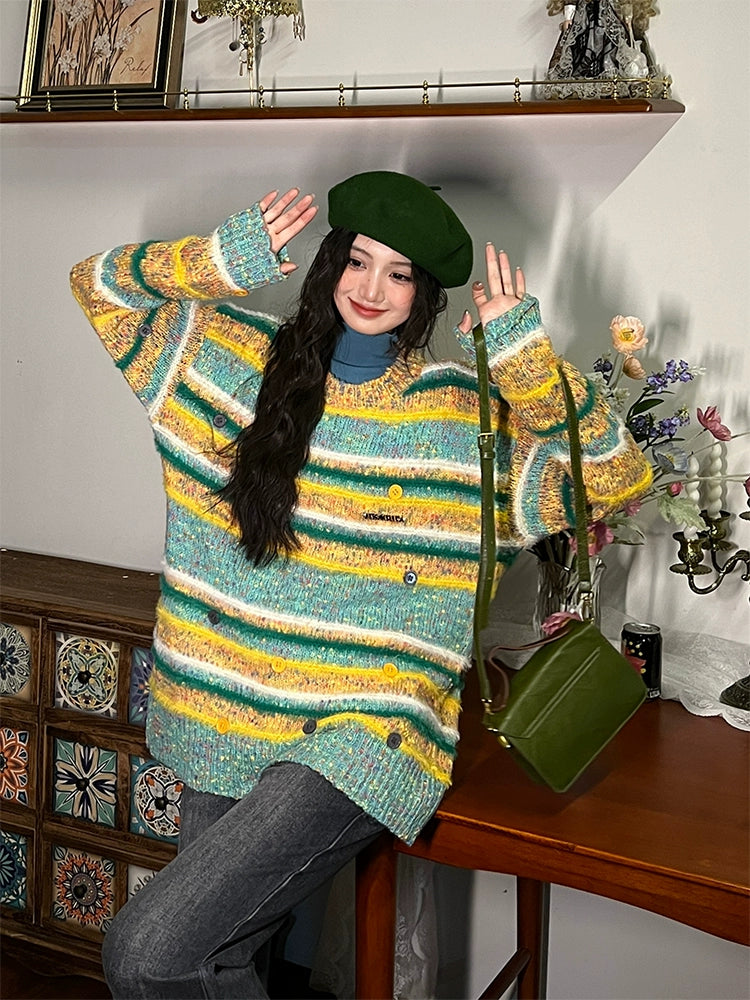 Button Accents Striped Wool Sweater