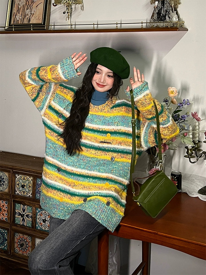 Button Accents Striped Wool Sweater