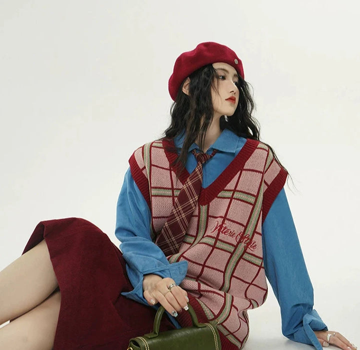 V-Neck Plaid Wool Sweater Vest