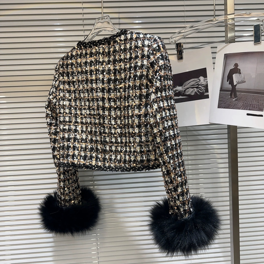 Faux Fur Cuffs Tweed Short Coat