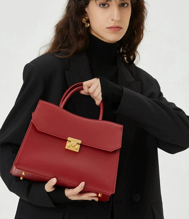 Lock Closure Leather Tote Bag