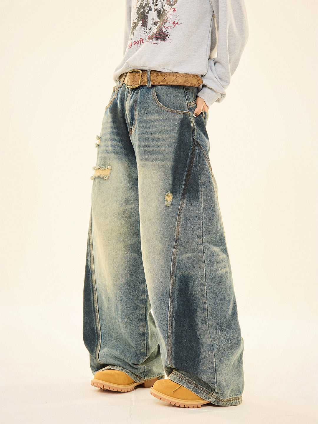 Wide-Leg Distressed Jeans
