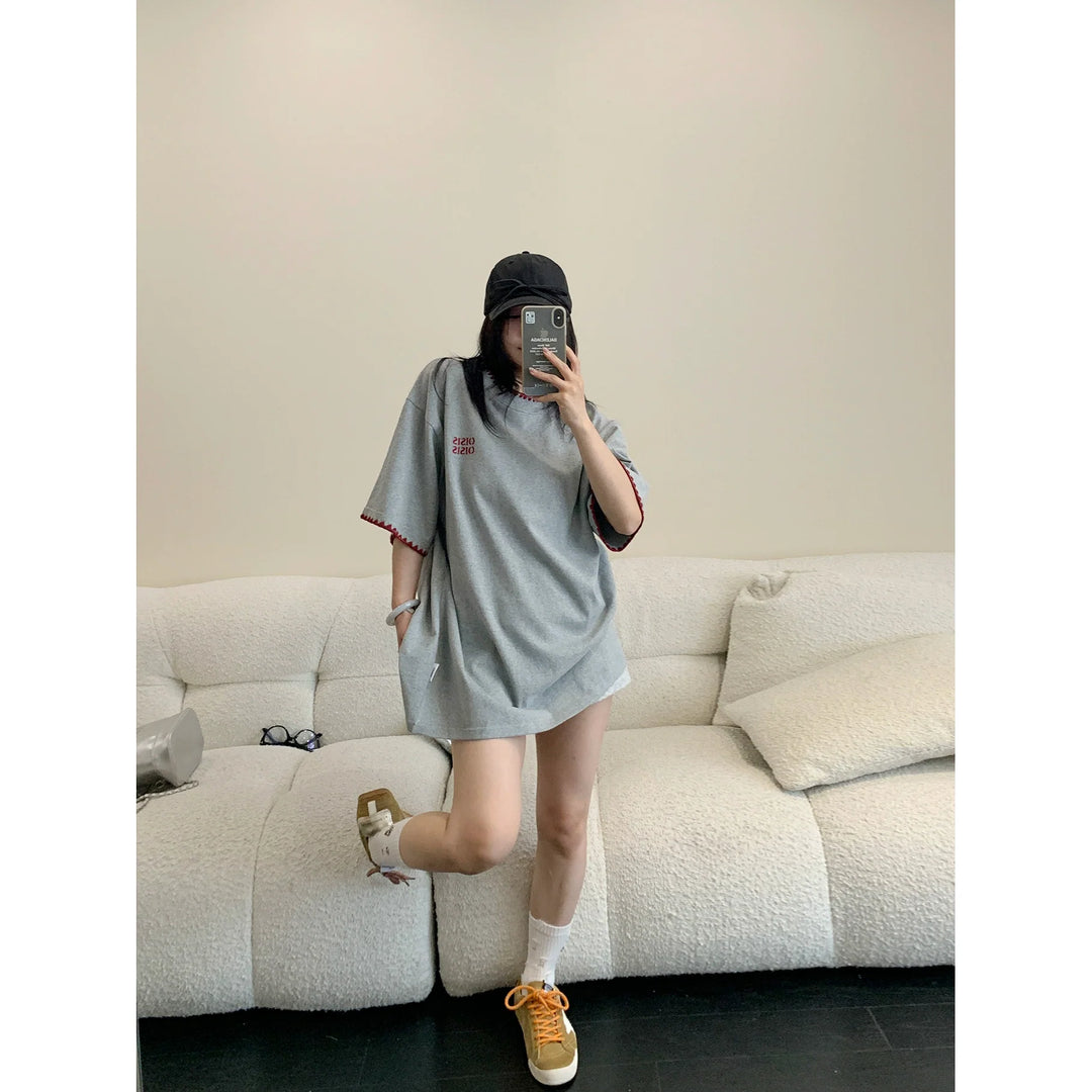 Embroidered Loose Fit Short Sleeve Turtleneck