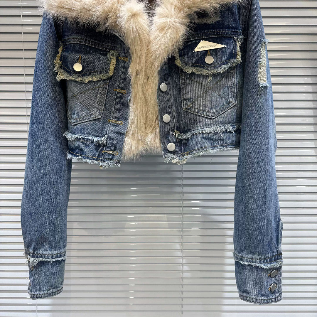 Faux Fur Collar Denim Short Coat