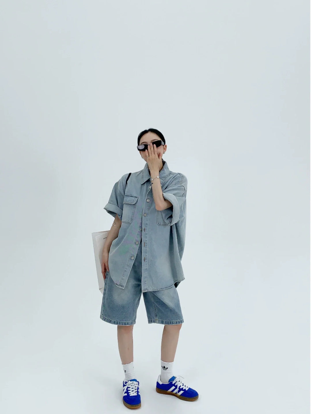 Oversized Short Sleeve Button-Up Denim Shirt