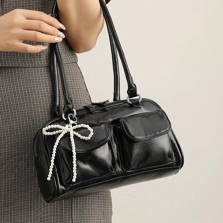 Pearl Accent Leather Handbag