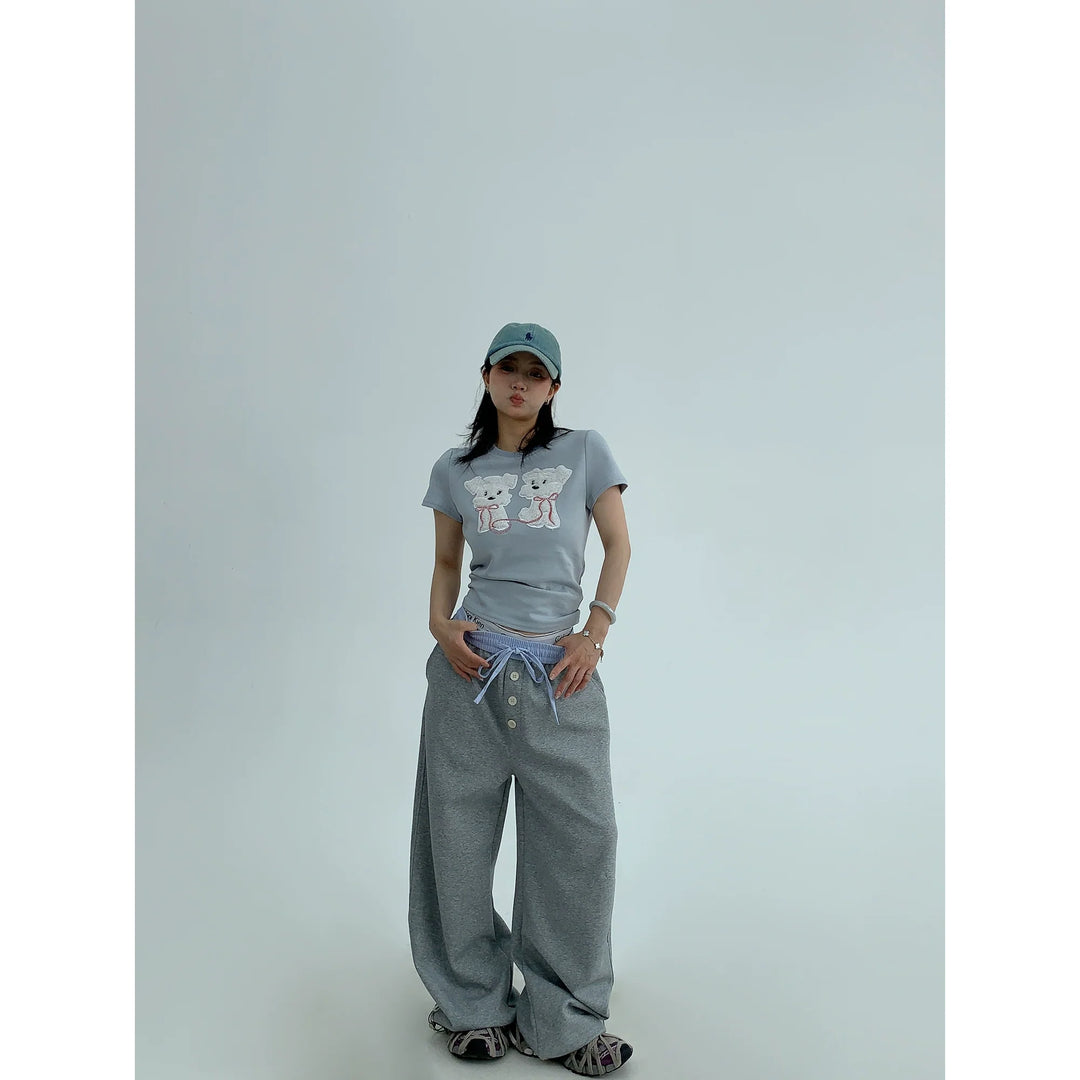 Cartoon Dog Embroidery Short Sleeve Top