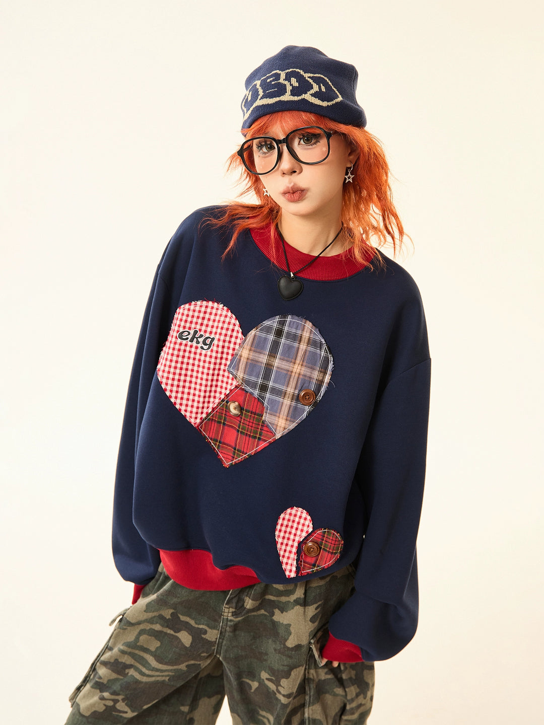 Plaid Patchwork Heart Sweatshirt
