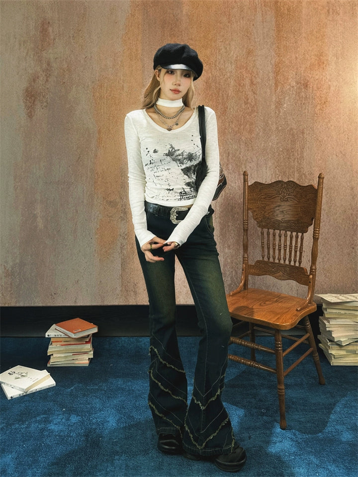 Flare Leg Distressed Denim Pants