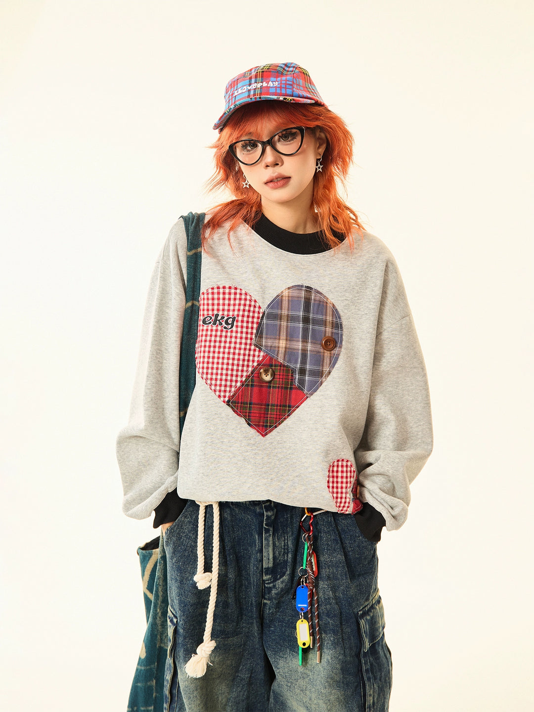 Plaid Patchwork Heart Sweatshirt