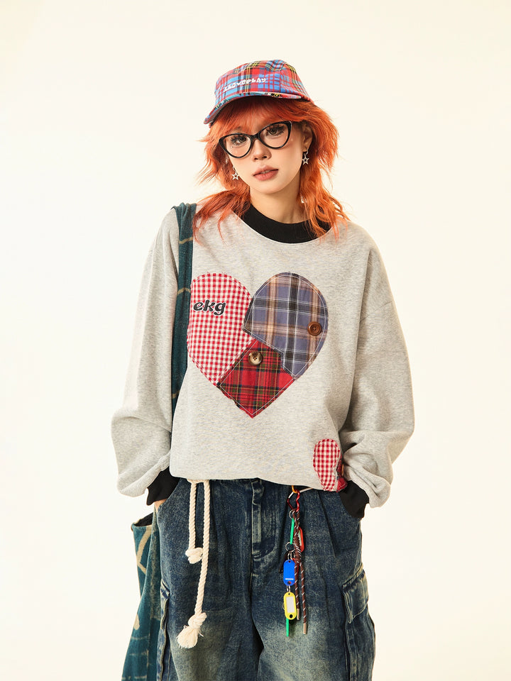 Plaid Patchwork Heart Sweatshirt