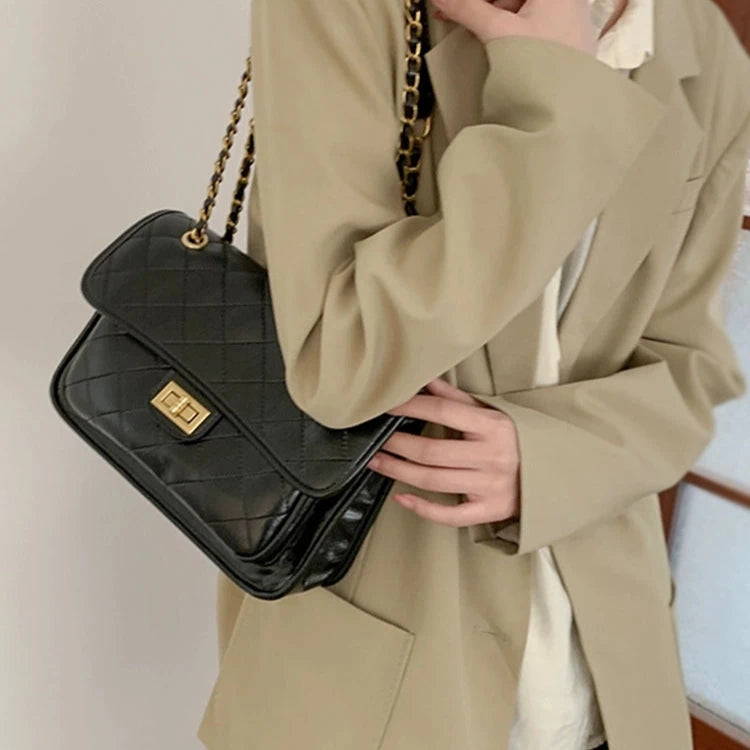 Turn Lock Quilted Chain Shoulder Bag
