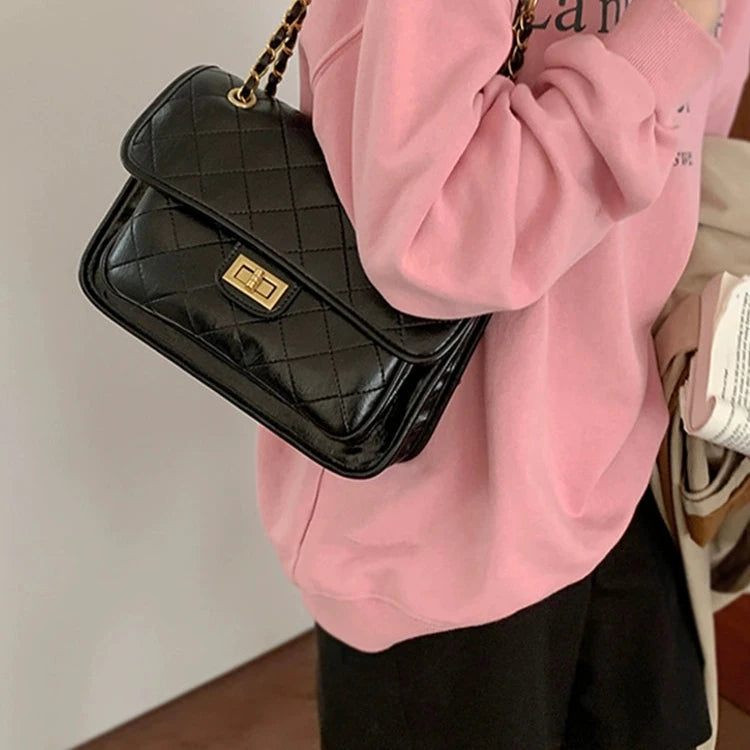 Turn Lock Quilted Chain Shoulder Bag