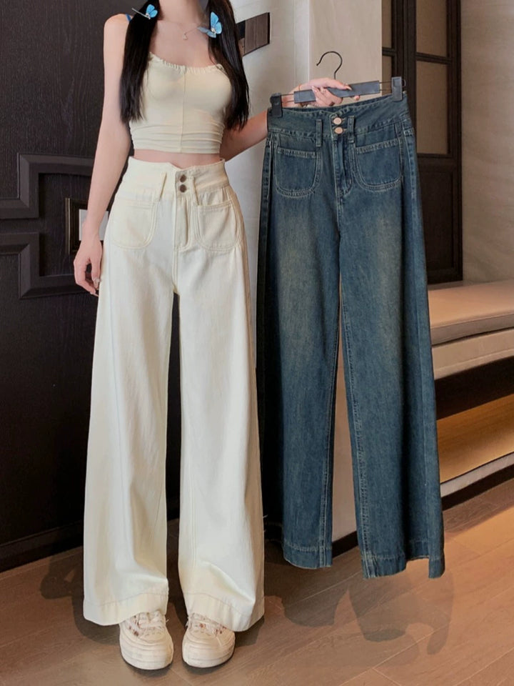Button Closure Wide-Leg Denim Pants