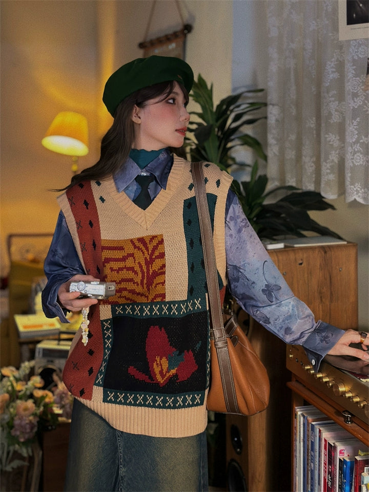 Knit Patchwork Sweater Vest