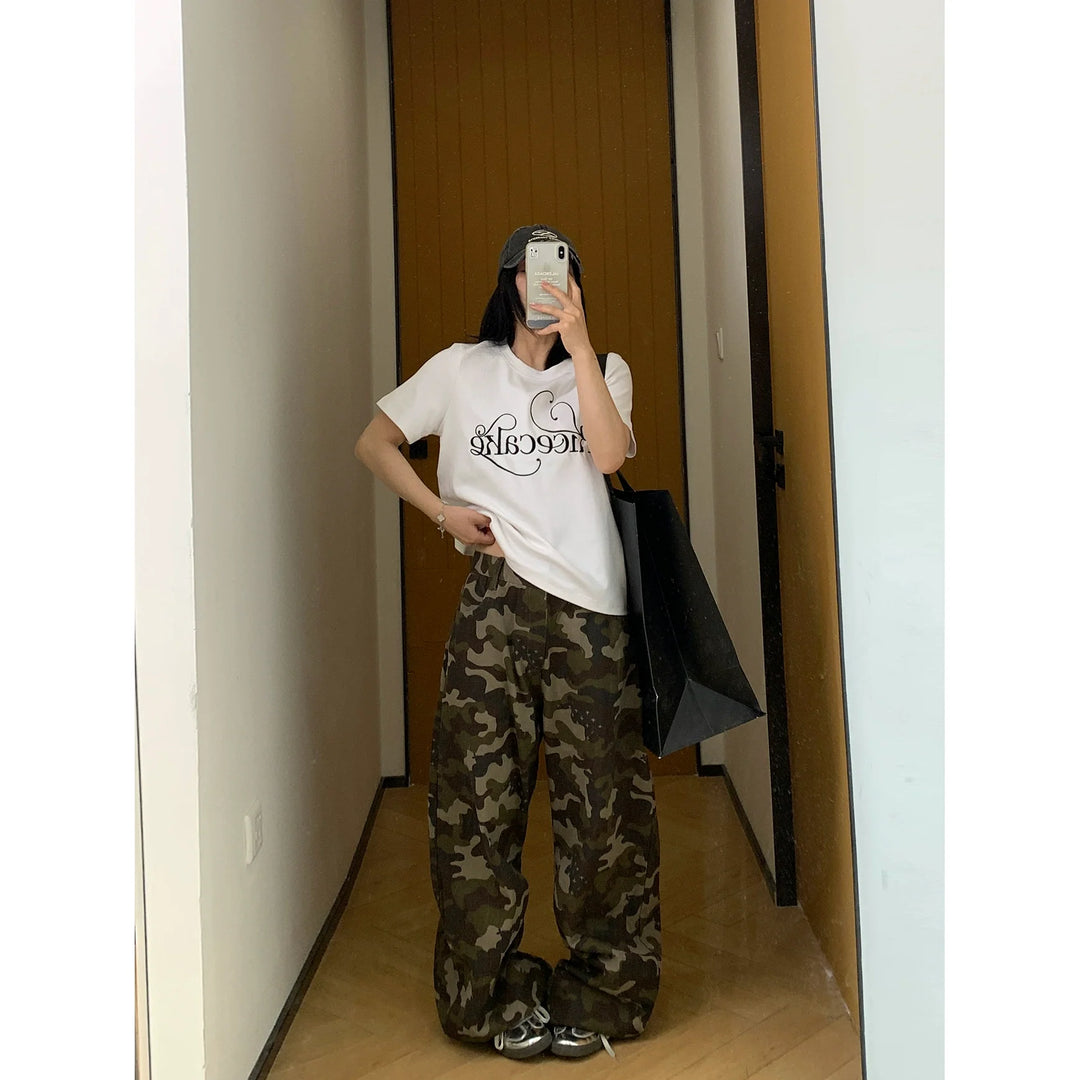 Distressed Camouflage Straight Wide-Leg Pants
