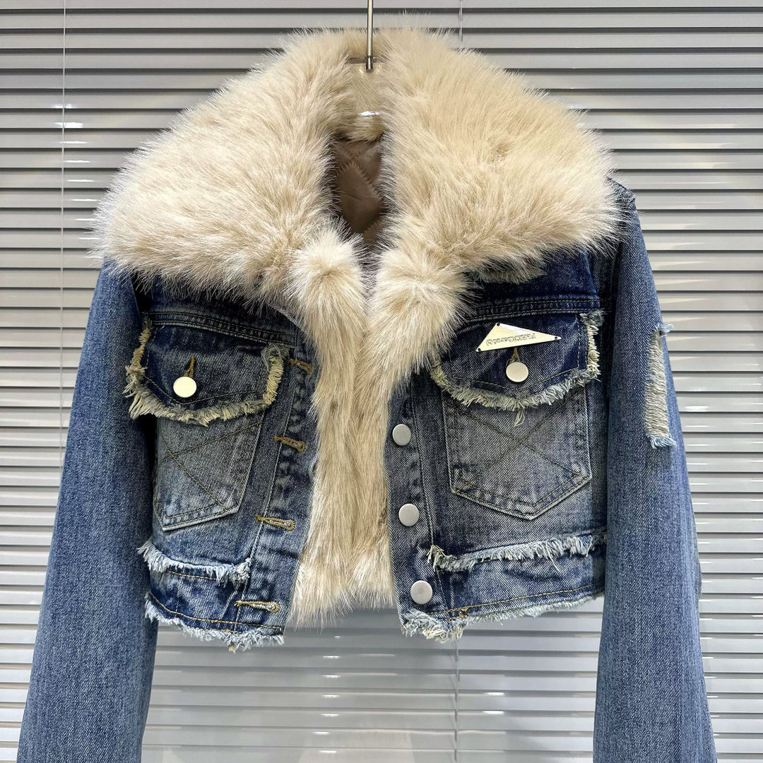 Faux Fur Collar Denim Short Coat
