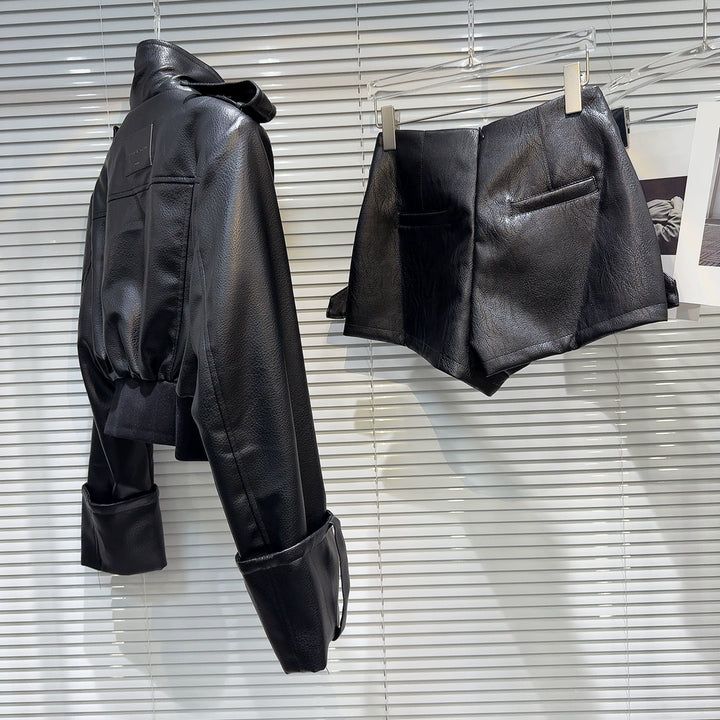Faux Leather Jacket Skirt Set