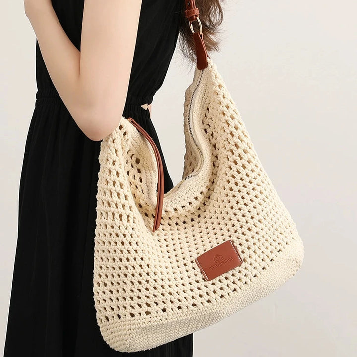 Leather Strap Crochet Tote Bag