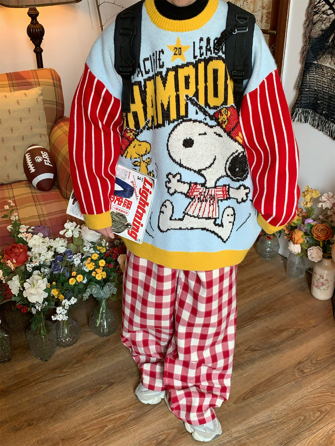Striped Sleeves Cartoon Graphic Sweater