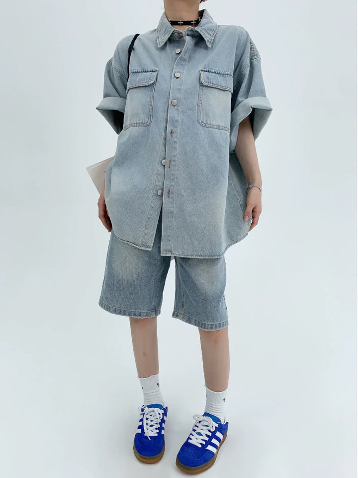 Oversized Short Sleeve Button-Up Denim Shirt