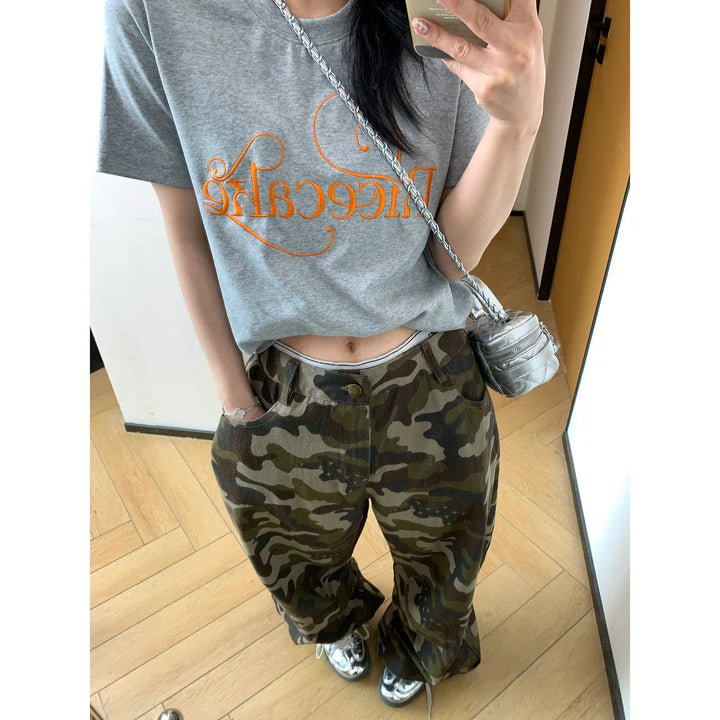 Distressed Camouflage Straight Wide-Leg Pants
