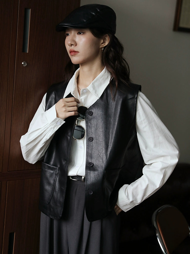 Button-Up Pockets Leather Vest