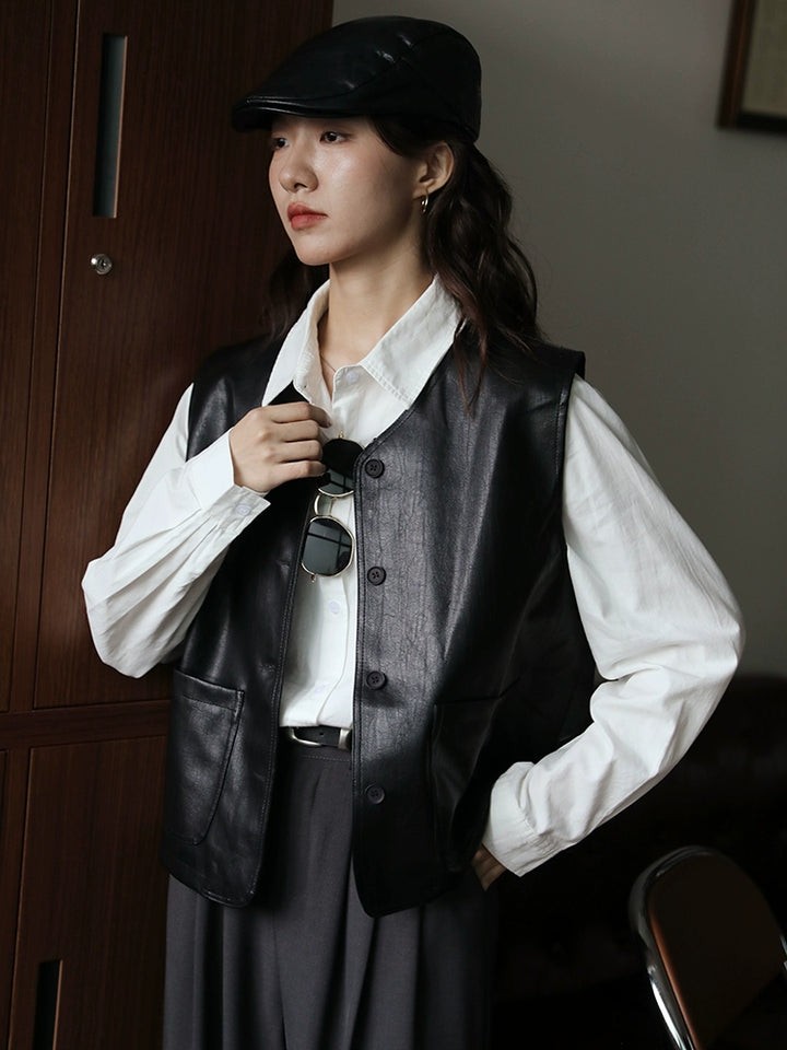 Button-Up Pockets Leather Vest