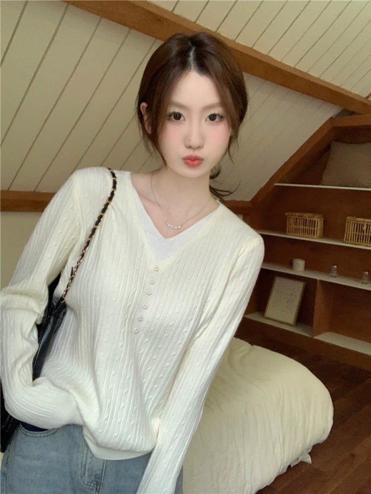 V-Neck Buttoned Wool Sweater